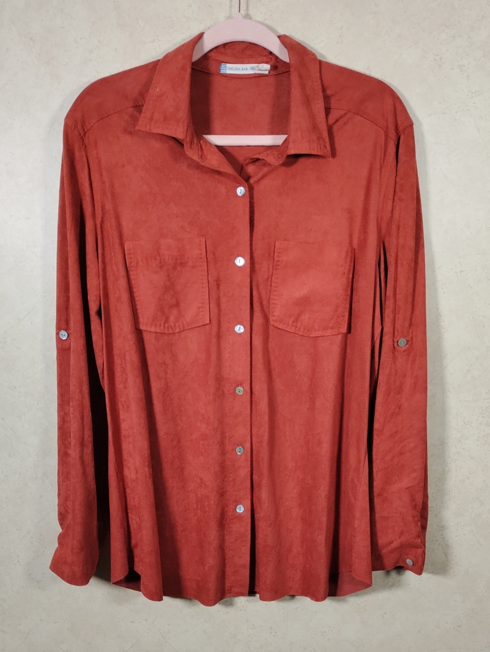 J234 Chelsea & Violet Rust Faux Suede Convertible Sleeve Button Up Shirt L